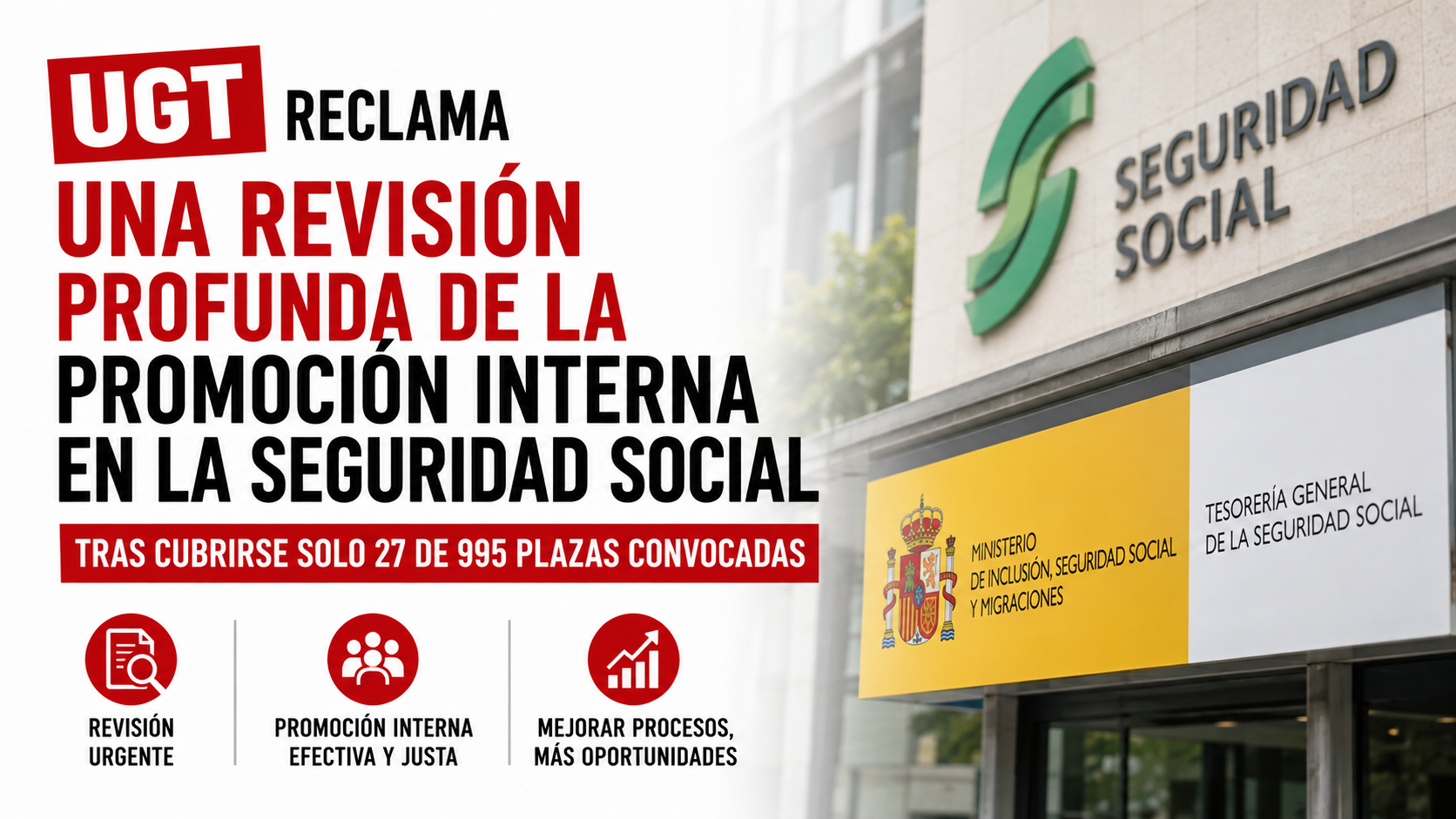 UGT reclama una revisión profunda de la promoción interna en la Seguridad Social tras cubrirse solo 27 de 995 plazas convocadas