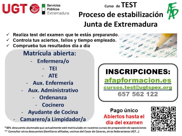 Lee más sobre el artículo #UGTFormación | Cursos Online de TEST Estabilización (Concurso-Oposición). Junta de Extremadura