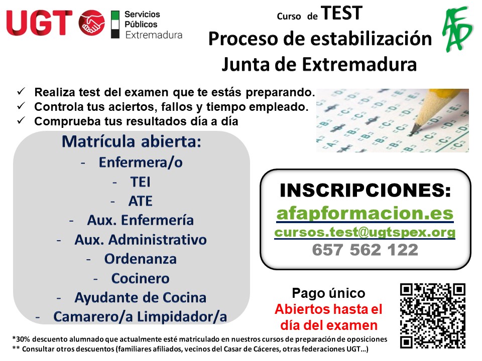 #UGTFormación | Cursos Online de TEST Estabilización (Concurso-Oposición). Junta de Extremadura