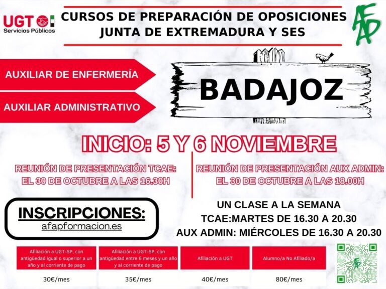 Lee más sobre el artículo UGT Servicios Públicos Extremadura lanza cursos presenciales de preparación de oposiciones